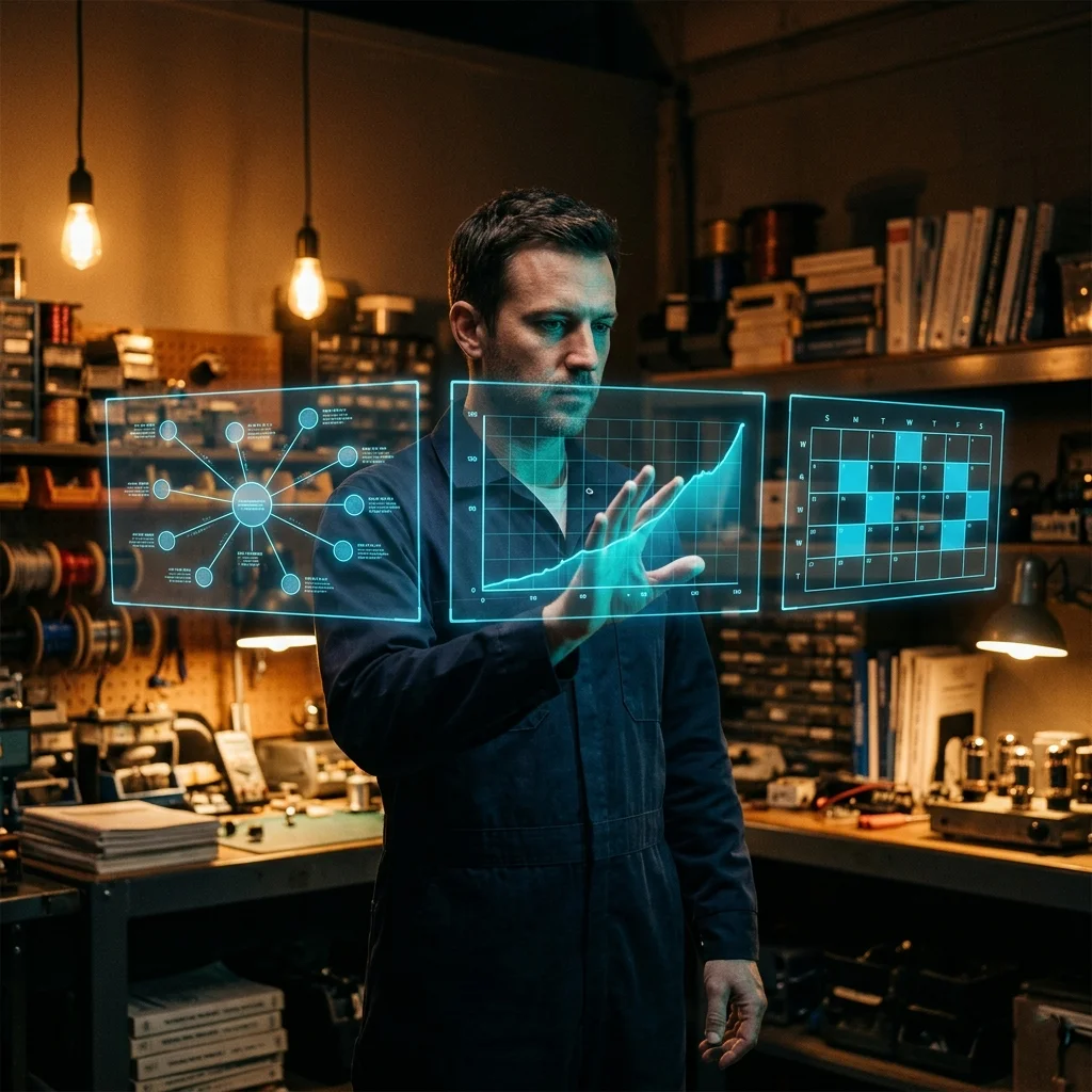 Workshop technician reviewing topical authority maps, content cluster diagrams, and article performance analytics on floating holographic displays