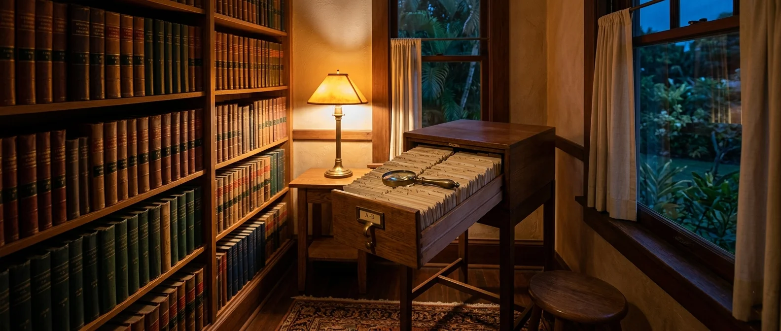 A warm lamplit reading alcove in a Mānoa, Oʻahu home: a wall of leather-bound reference volumes on built-in shelves with a wooden card-catalog drawer pulled open to show alphabetized index cards, a brass magnifying glass resting on the cards.