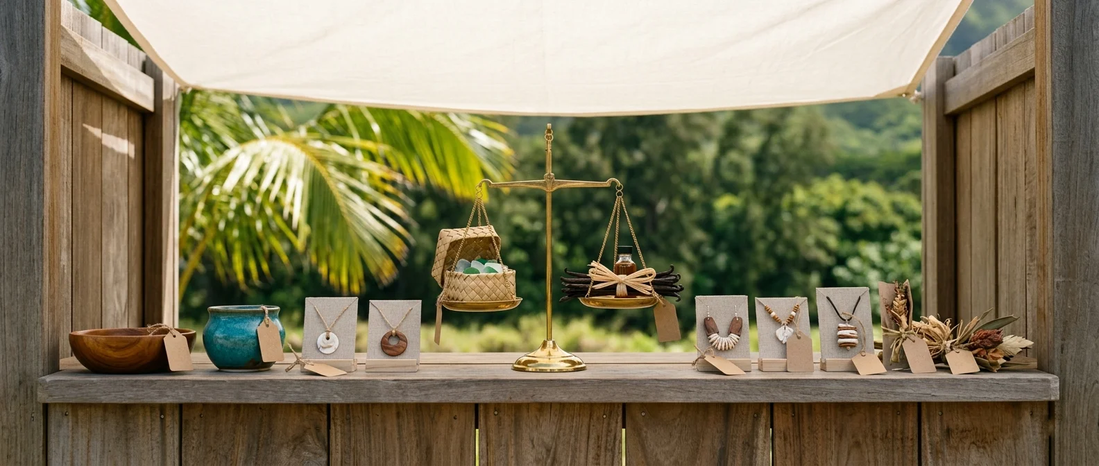 A sunlit Kakaʻako, Oʻahu artisan market stall at midday: a small brass two-pan balance scale weighing two island-made goods of different value, with a row of hand-tagged crafts at varying prices on a monkeypod counter, palms behind.