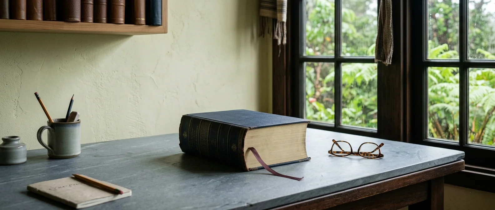 A cool north-light study room with a honed slate-topped desk holding a single thick closed bound statistical reference volume with a ribbon marker, beside folded reading glasses, daylight from a high window with rain-forest greenery beyond.