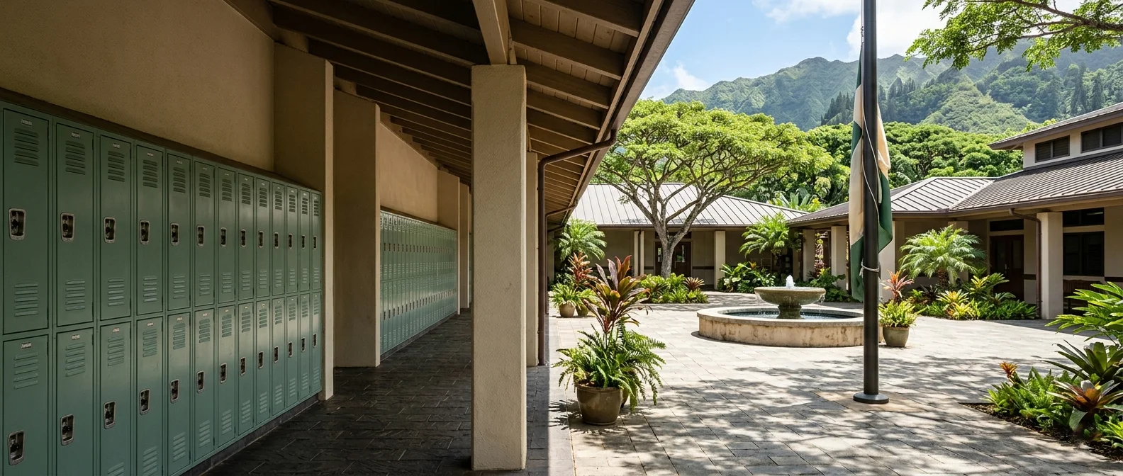 Empty Mānoa, Oʻahu private-school courtyard at mid-morning: a covered lanai walkway lined with green student lockers, a tiled fountain quad, a furled flagpole banner, and monkeypod shade, entirely unoccupied.