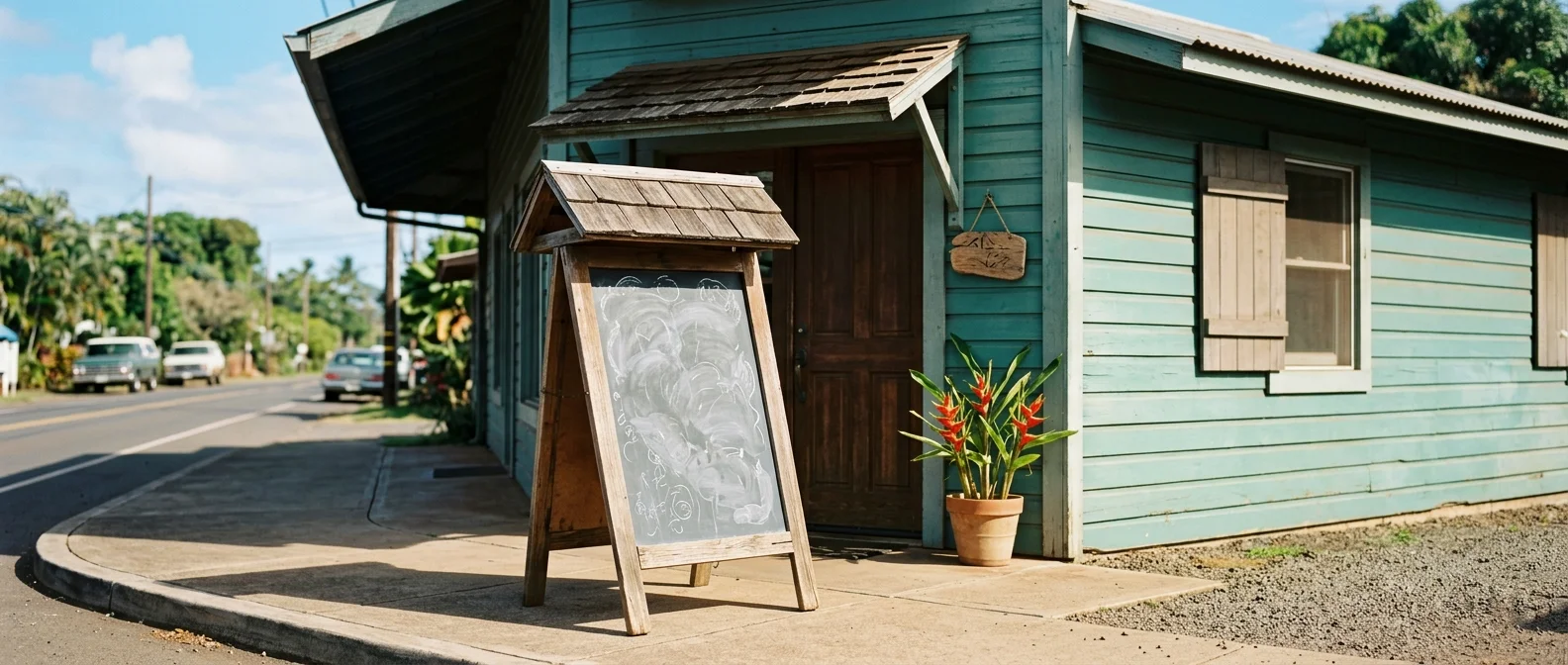 A single freshly painted Haleʻiwa corner storefront on Oʻahu's North Shore at bright morning, with a wooden A-frame chalk sandwich-board of abstract chalk marks by the door, a hanging carved wooden tag, and a potted heliconia at the threshold.