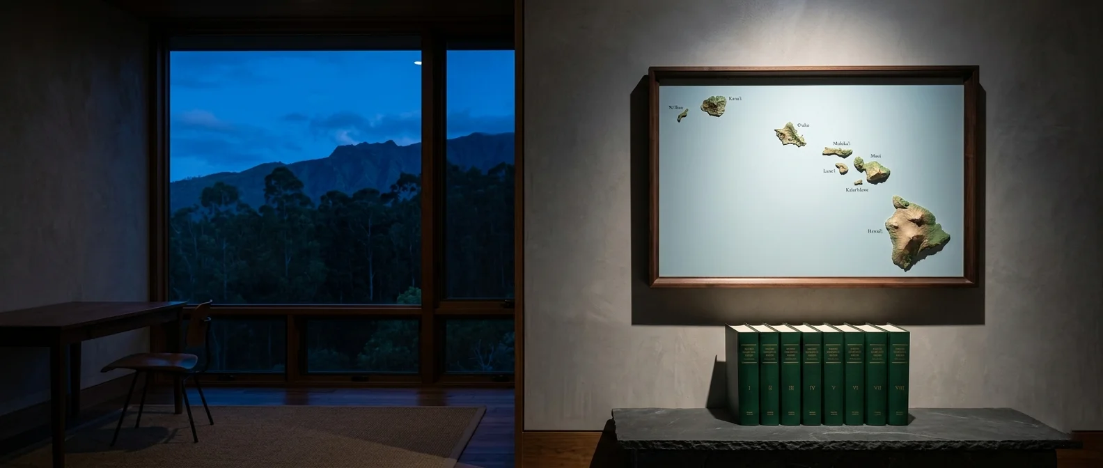A blue-hour Kula, Maui research study where a framed three-dimensional relief map of the Hawaiian island chain hangs spotlit, with a short row of uniform spined volumes on a slate plinth below, the dusk eucalyptus slope of Haleakalā beyond a tall window.