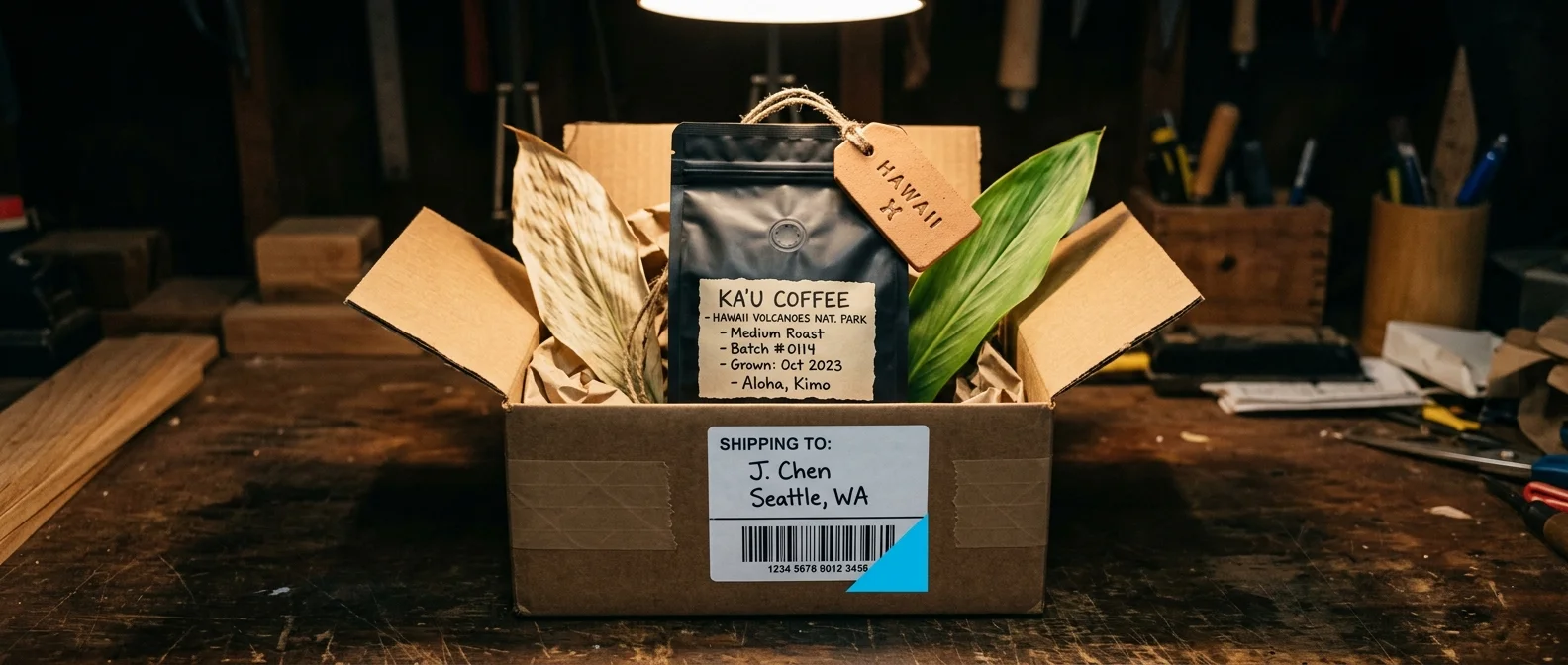 Hawaii-grown product packaged for shipping — vacuum-sealed coffee bag with handwritten origin label