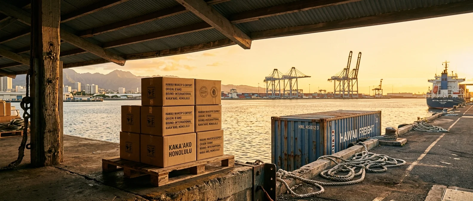 A wooden pallet of stacked kraft shipping cartons at the edge of a covered Honolulu Harbor loading dock at golden hour, with an inter-island freight container and silhouetted port gantry cranes across the water.