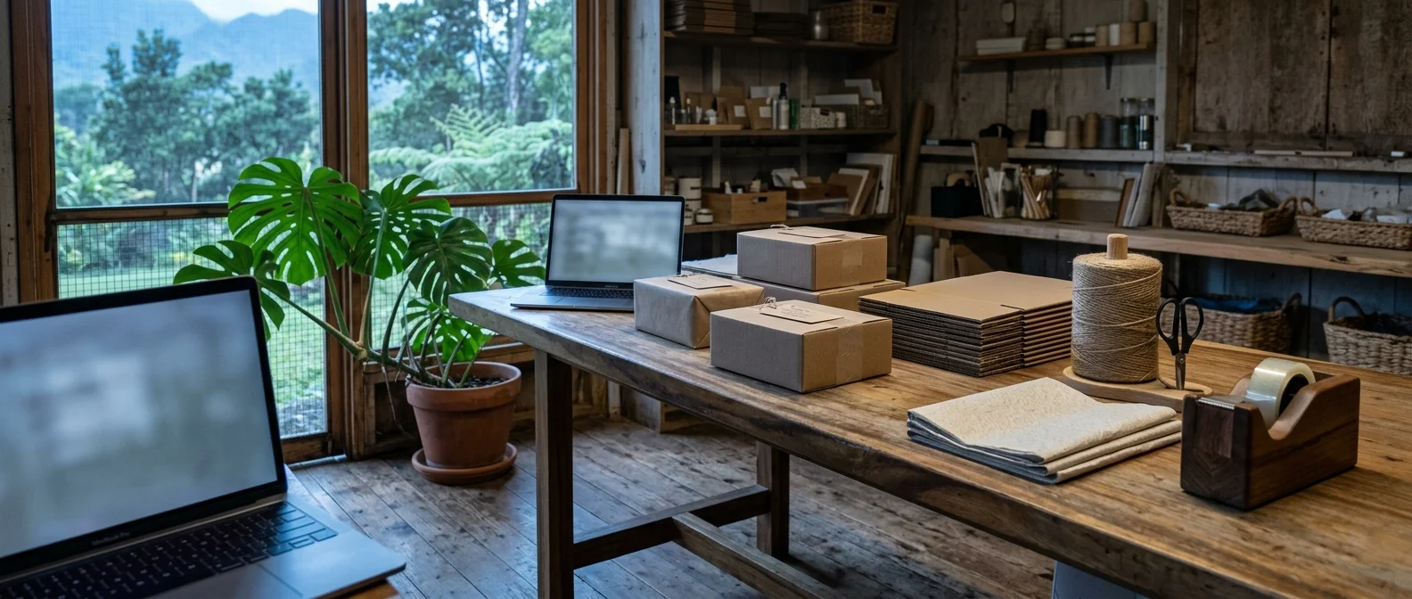 An unoccupied Upcountry Makawao, Maui maker's packing studio at morning: a monkeypod worktable of half-packed labeled kraft parcels, stacked flat shipping cartons, twine, and a tape dispenser, a dimmed laptop angled away, a potted monstera by a screened window.