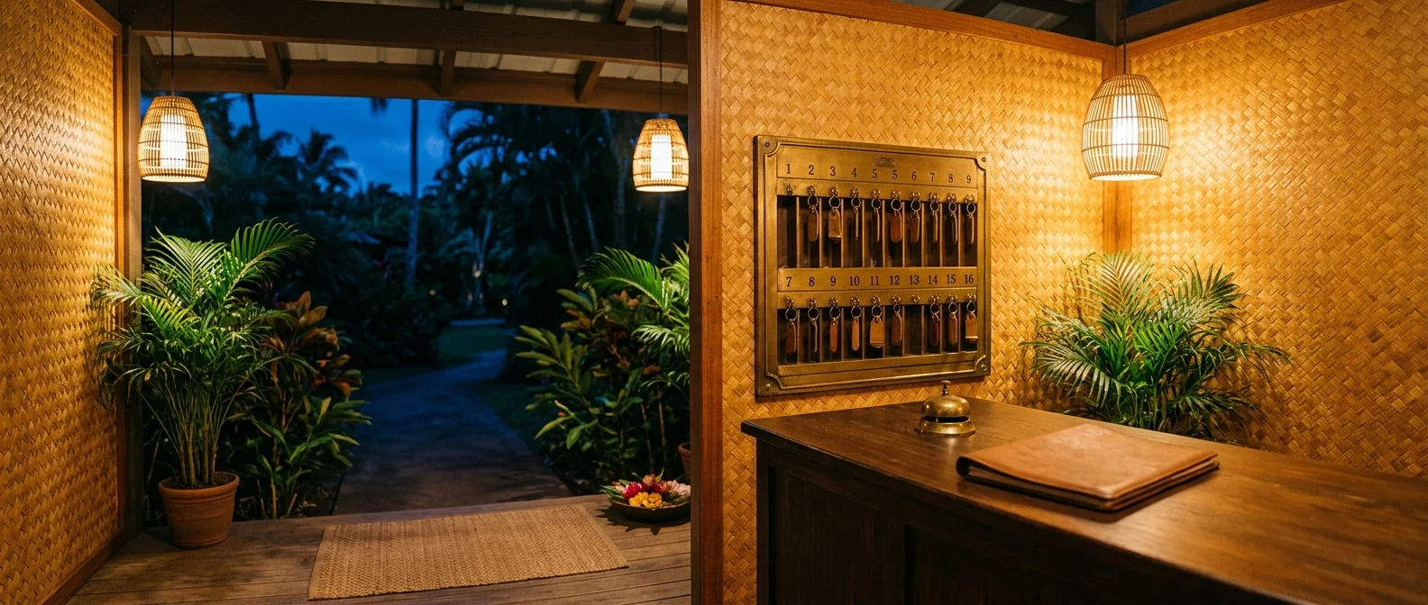 A boutique inn's covered reception lanai in Poʻipū, Kauaʻi at warm evening: a wall-mounted brass room-key rack with numbered hooks and hung keys, a small brass call bell on the unattended concierge desk, lit by rattan lanterns against lauhala-woven walls.