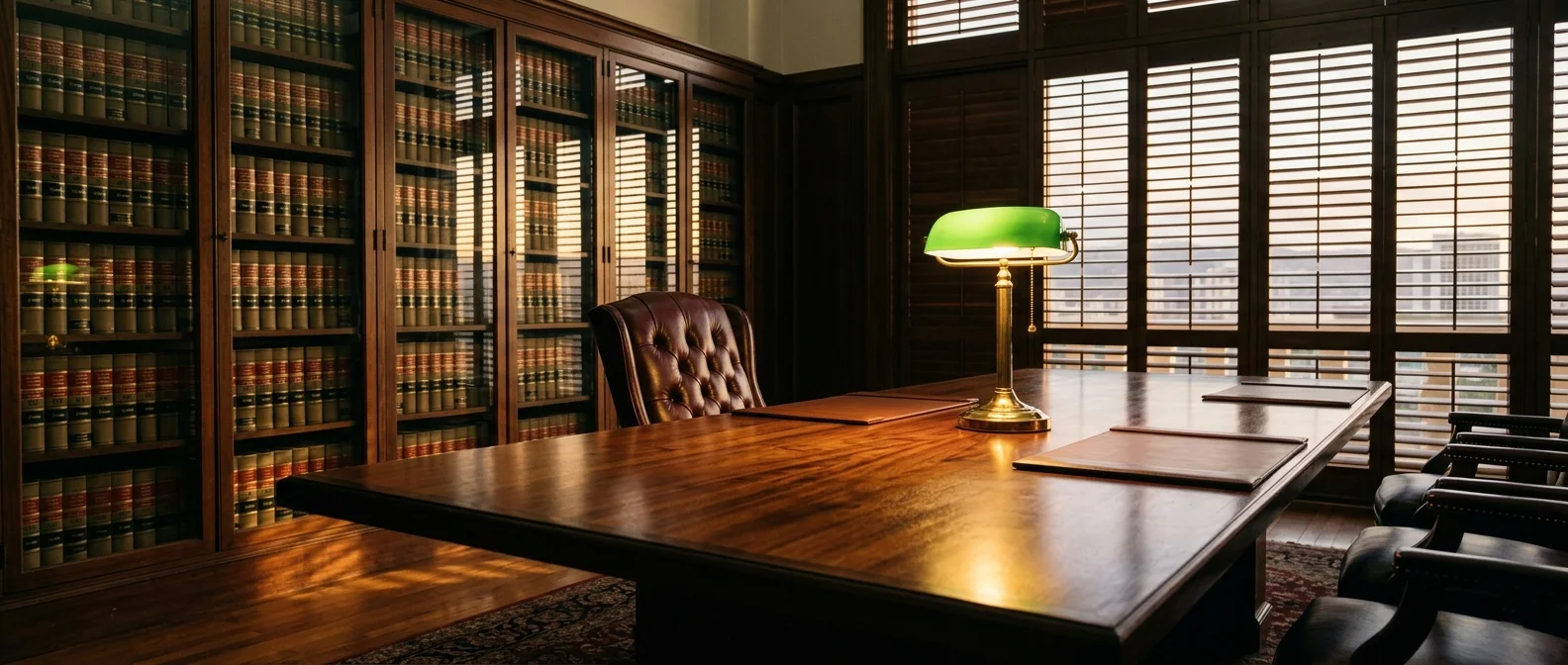 A late-afternoon downtown Honolulu law-firm conference room: a green-shaded brass banker's lamp on a long dark koa table, an empty leather chair pushed clearly back, and a glass-fronted wall of bound law reporters, with louvered shutters casting warm bars of light.