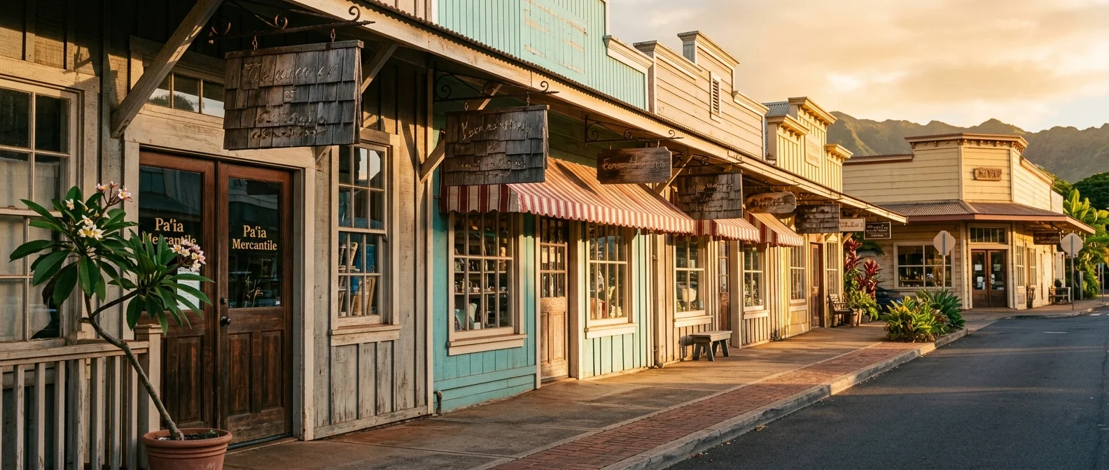 A historic Maui plantation-era Main-Street storefront row at golden hour in Paʻia: a lineup of small wood-clad shops with striped awnings and a receding row of hanging carved wooden shingle signs down a sunlit sidewalk.