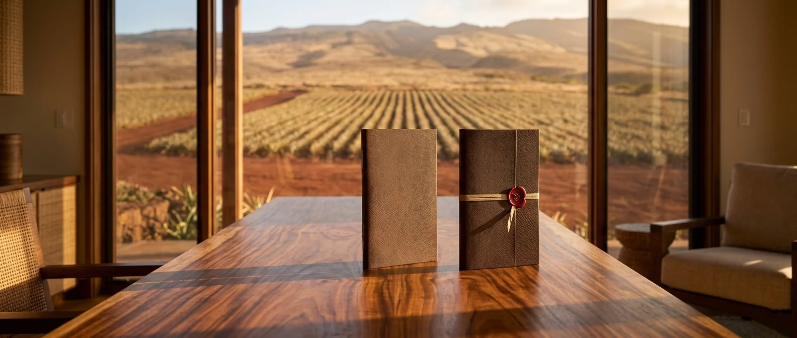 A koa executive desk in a Lānaʻi home office holds a single closed bound market report standing upright with a wax-seal-and-ribbon band, at a window overlooking the island's red-dirt former pineapple plateau in late-afternoon light.