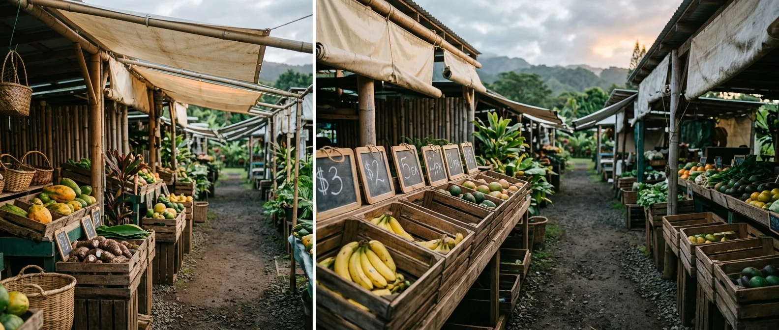 An empty open-air Hilo farmers market aisle at dawn: produce stalls under cream canvas with a row of hand-chalked price slates of varying heights and a mix of nearly empty and full wooden crates, misty Big Island ridgeline behind.