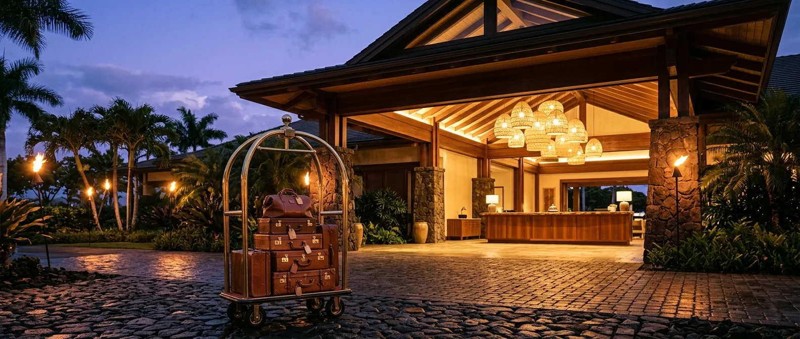 Empty dusk porte-cochere of a luxury Wailea, Maui resort with a brass bellhop luggage cart stacked with leather suitcases on a lava-stone motor court under torchlight, an unattended monkeypod reception threshold glowing beyond.