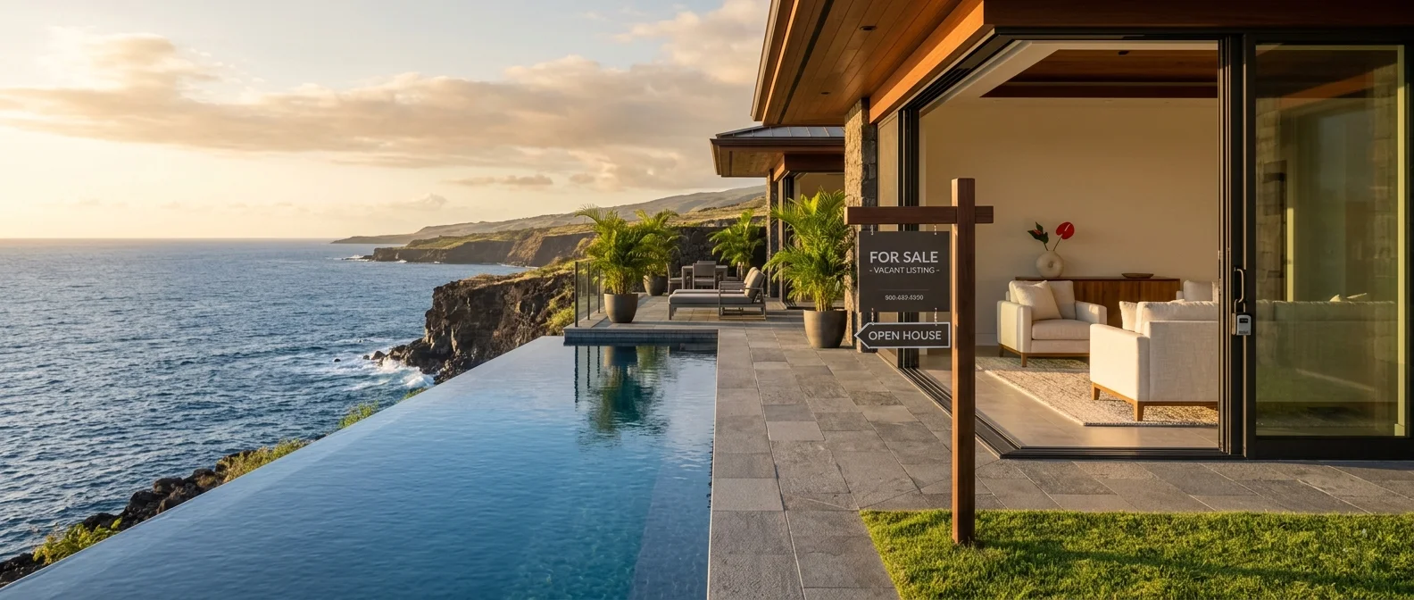 Vacant luxury cliffside Big Island listing at golden hour: an infinity-pool lanai of lava-stone tile, a planted open-house yard sign on the lawn, and a key lockbox on the glass entry door of a staged ocean-view living room.