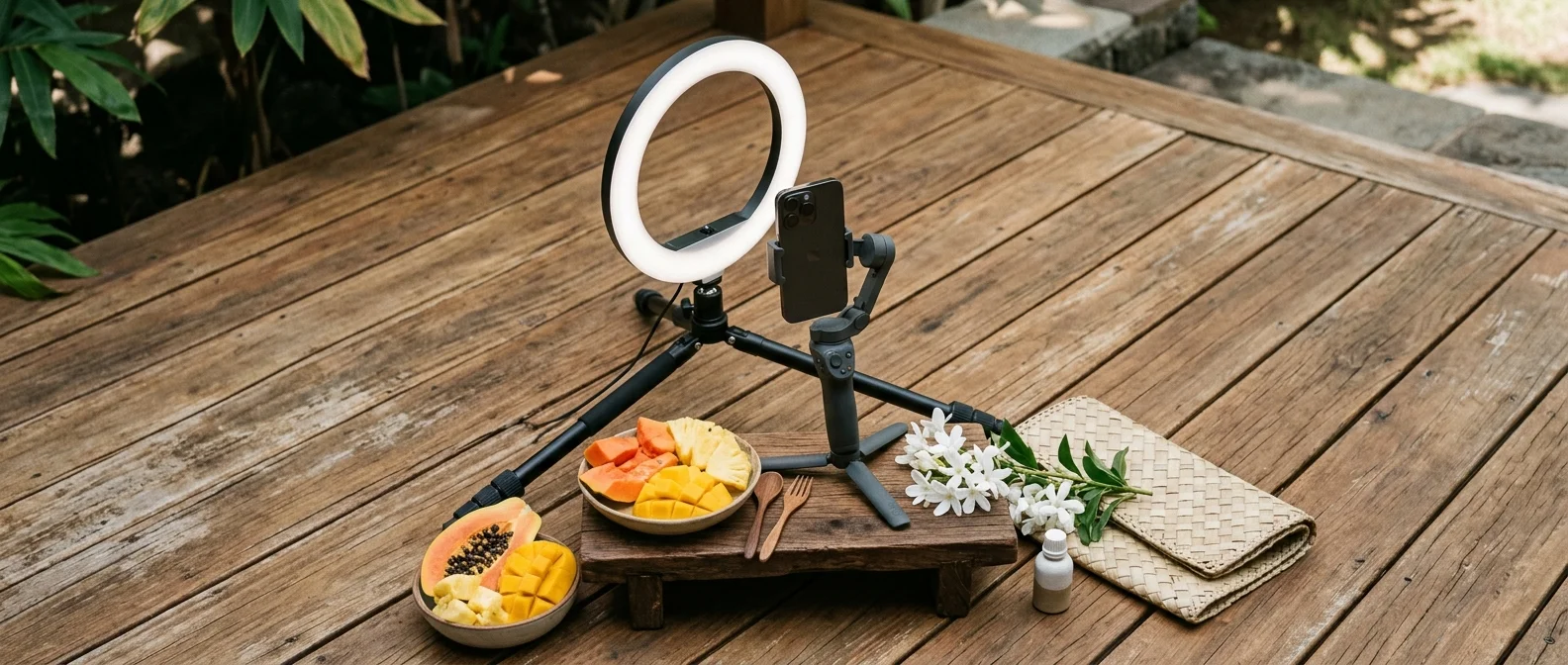 An unattended tabletop content-creation flat-lay on warm teak decking: an idle ring light on a tripod aimed at a phone in a gimbal on a low riser, with sliced tropical fruit and styling props, bright late-morning daylight.