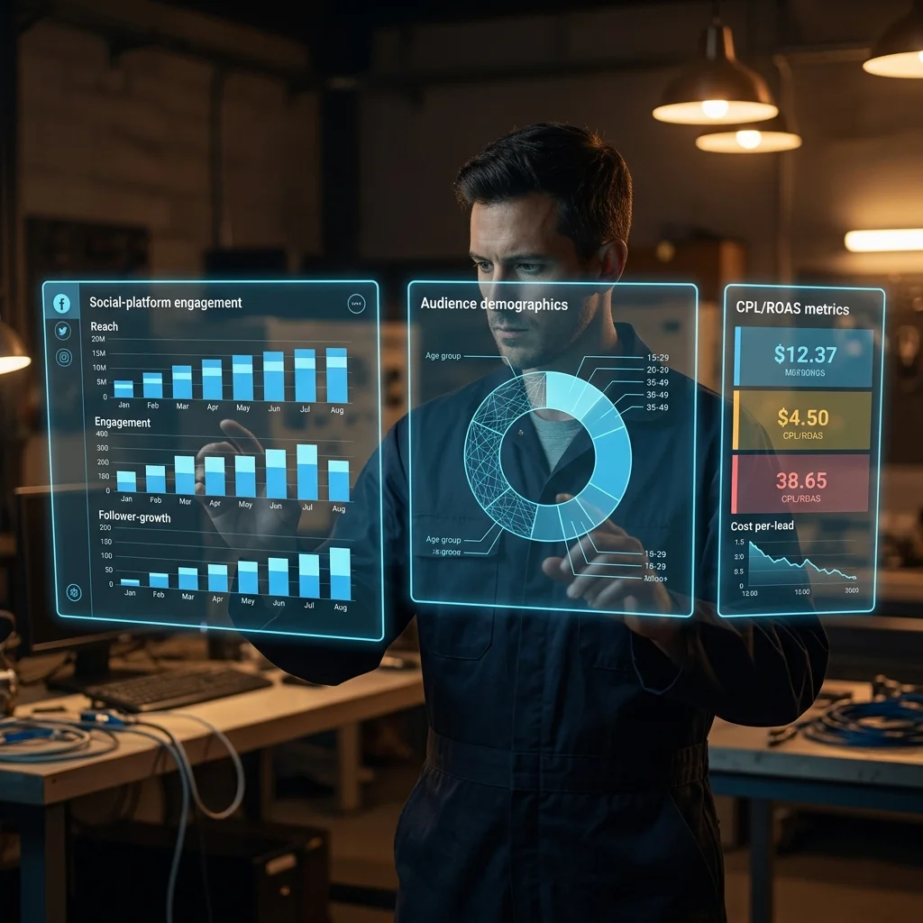 Workshop technician examining social media campaign analytics, audience demographics, and engagement trend charts on floating holographic displays