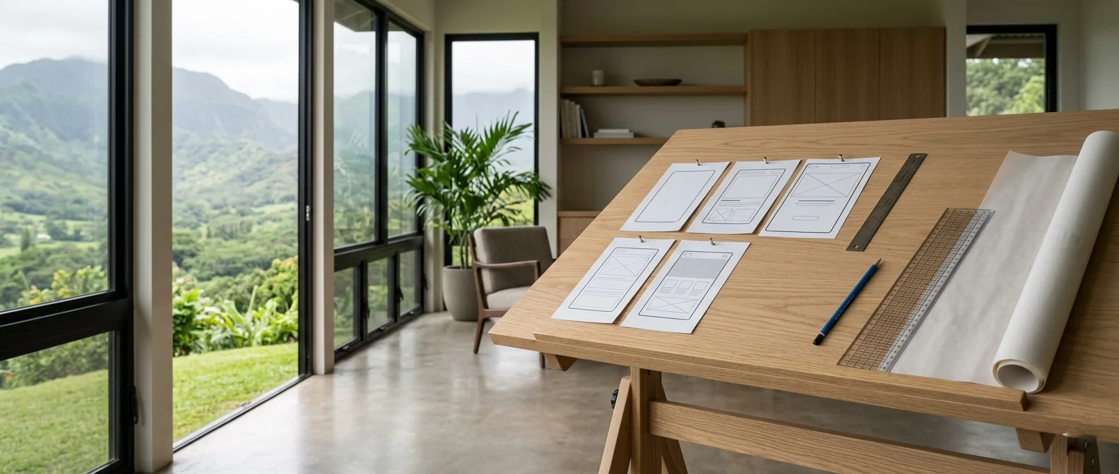 A light-oak drafting table in a Kauaʻi hillside studio holding a pinned storyboard sequence of printed paper screen-mockups with a steel grid ruler, blue pencil, and a roll of trace paper, before a window onto a green Hanalei valley at overcast midday.
