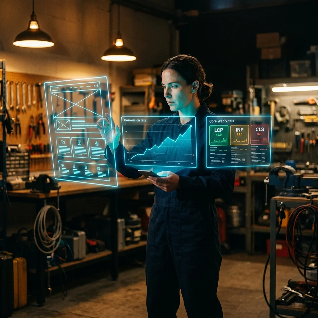 Workshop technician analyzing website wireframes, Core Web Vitals metrics, and conversion funnel data on floating holographic displays