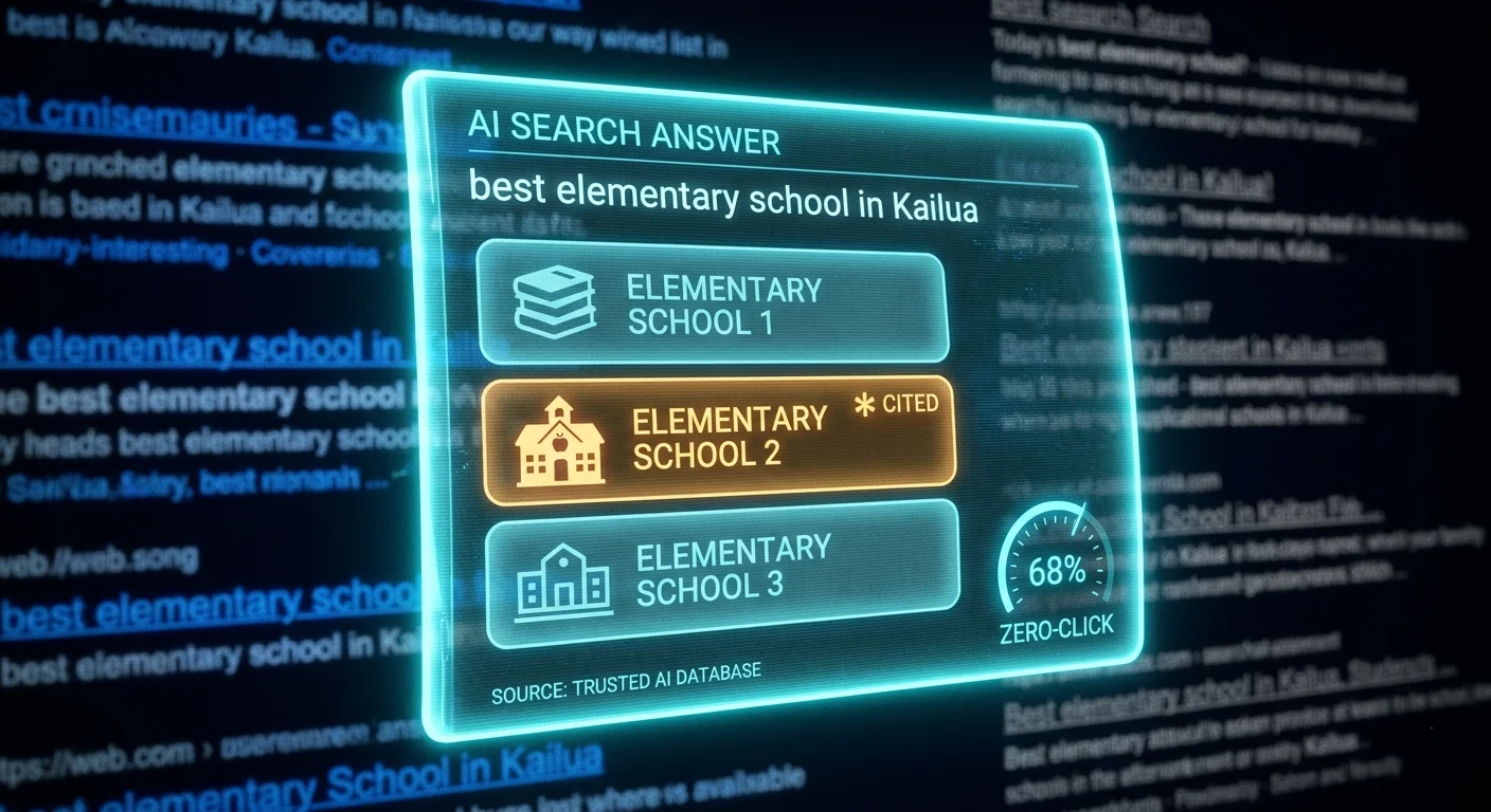 An AI search answer recommending Hawaii schools in response to a parent's query, with one school highlighted as the cited result while the traditional blue-link results fade away.