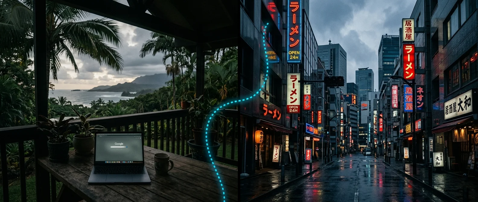 Hawaii afternoon paired with Tokyo morning — visualizing the Pacific Rim time-zone bridge