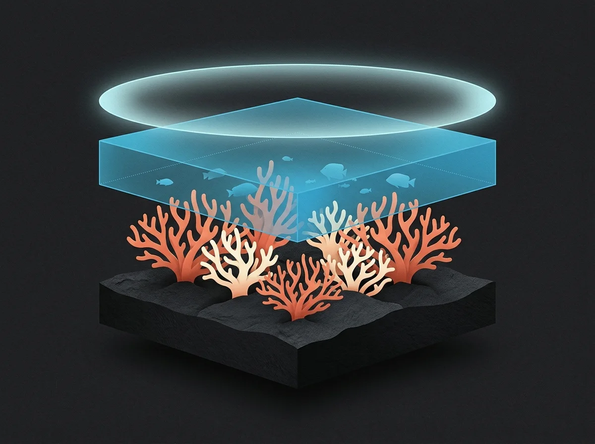 The Reef Method — four stacked layers (Substrate, Coral, Citations, Ecosystem) rendered as a cross-section of a Hawaiian coral reef